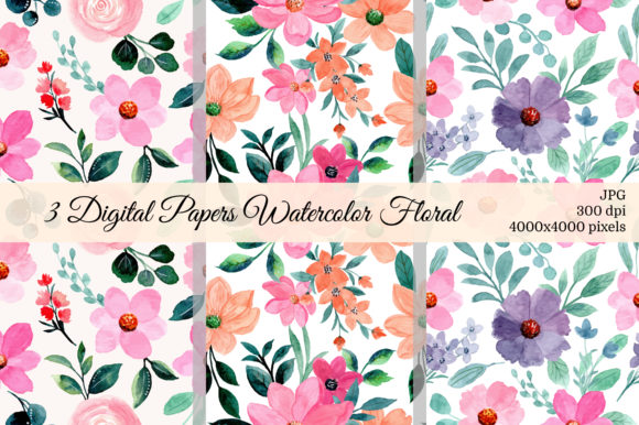 3 Digital Papers Floral Seamless Pattern and Patterns