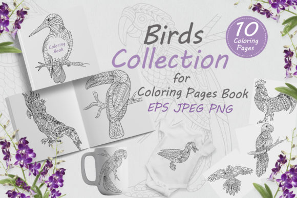 Birds Drawn with Folk Style Flowers and Coloring Pages Amp