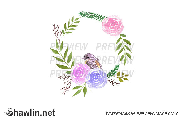 Robin in a Rose Flower Wreath & Web Elements